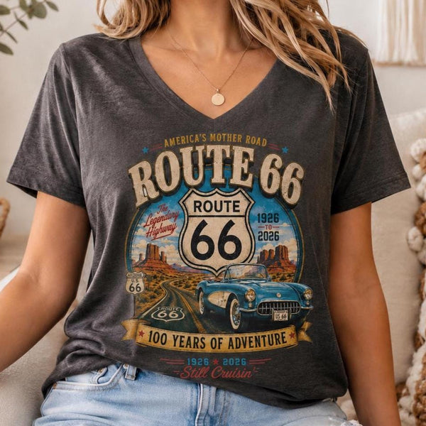 Route 66 Retro Road Trip V-Neck Tee | Classic Car Scenic Design