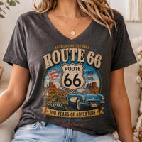 Route 66 Retro Road Trip V-Neck Tee | Classic Car Scenic Design