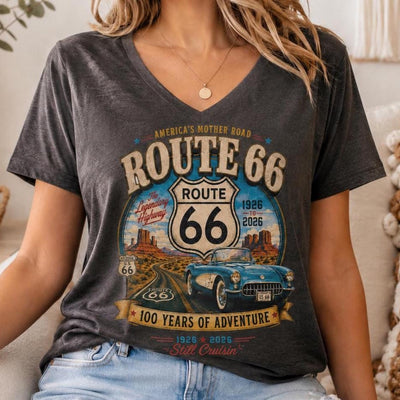 Route 66 Retro Road Trip V-Neck Tee | Classic Car Scenic Design