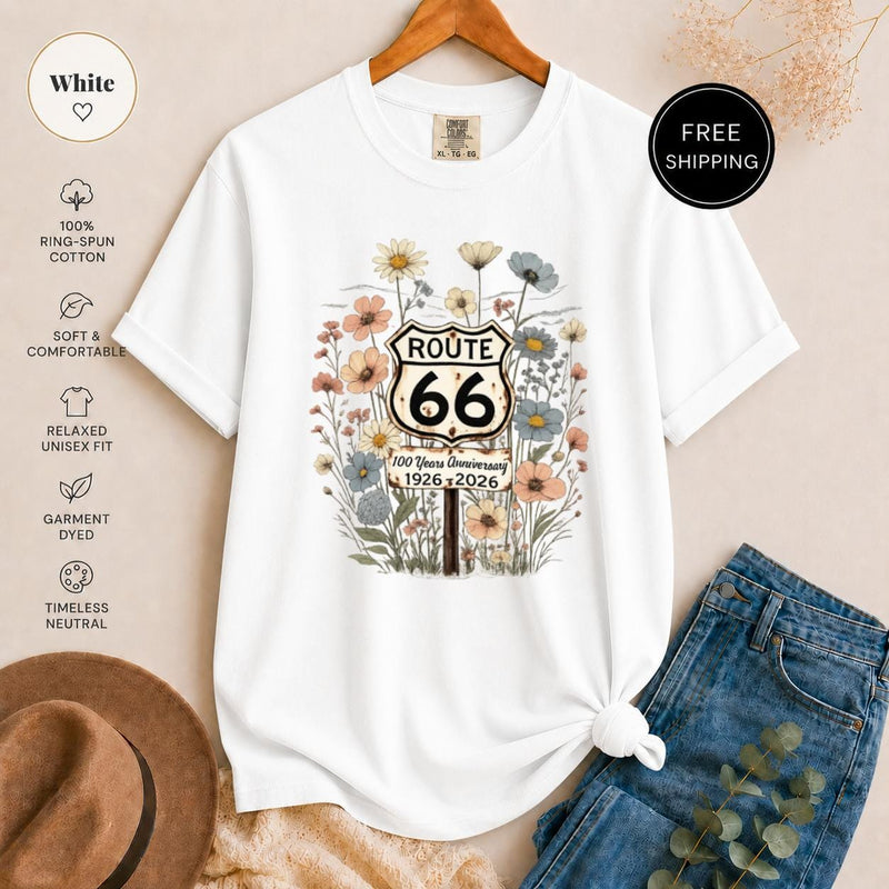 Route 66 Wildflower T-Shirt, Vintage Anniversary Graphic Tee, Rustic Road Trip Design, Boho Nature Lover Shirt