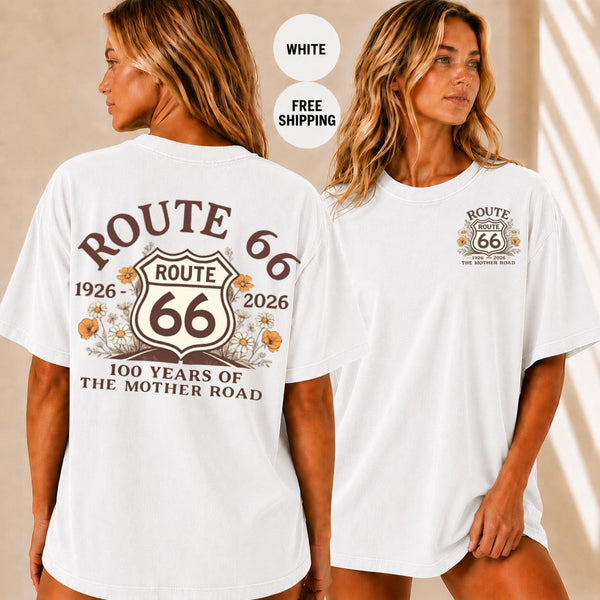 Route 66 Centennial T-Shirt, 100 Years Mother Road Shirt, Vintage Americana Road Trip Tee, Boho Wildflower Fan Gift