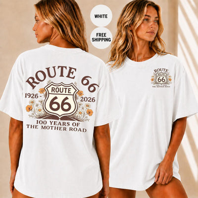 Route 66 Centennial T-Shirt, 100 Years Mother Road Shirt, Vintage Americana Road Trip Tee, Boho Wildflower Fan Gift