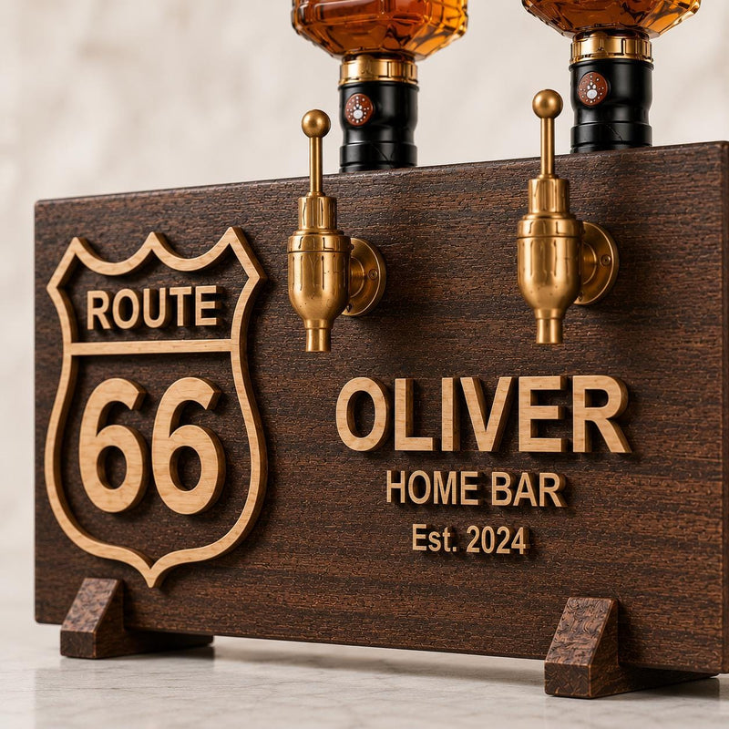 Personalized Route 66 Home Bar, Custom Whiskey Dispenser, Biker Gift for Him, Wooden Bar Decor, Garage Bar Gift