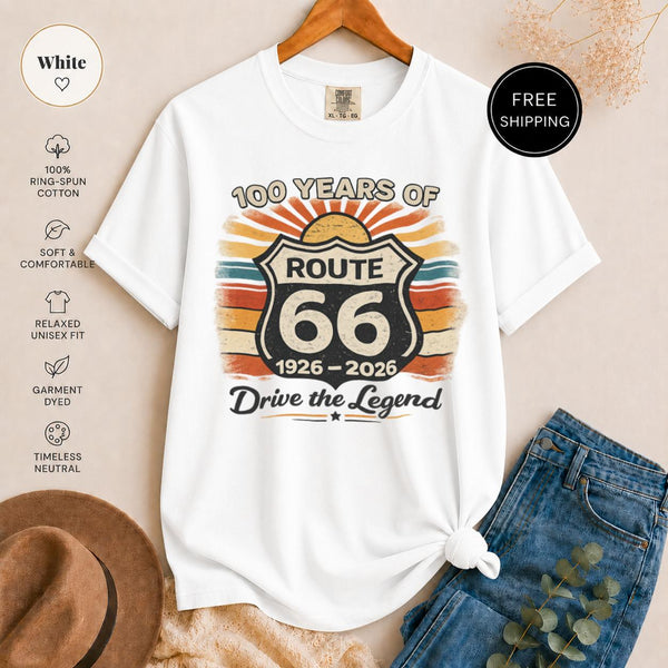 Route 66 T-Shirt, 100 Years Centennial Vintage Road Trip Graphic, 'Drive the Legend' Distressed Retro Americana Top