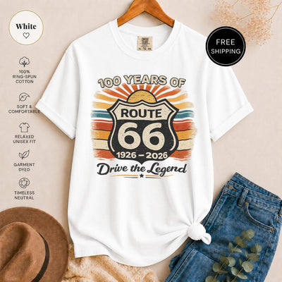 Route 66 T-Shirt, 100 Years Centennial Vintage Road Trip Graphic, 'Drive the Legend' Distressed Retro Americana Top