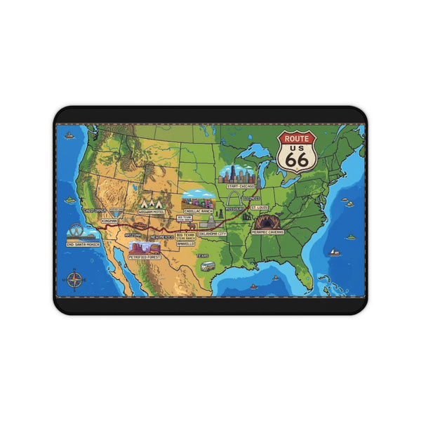 Route 66 USA Map Desk Mat | Vintage Road Trip Map Mouse Pad | Retro Pixel 8-Bit Design