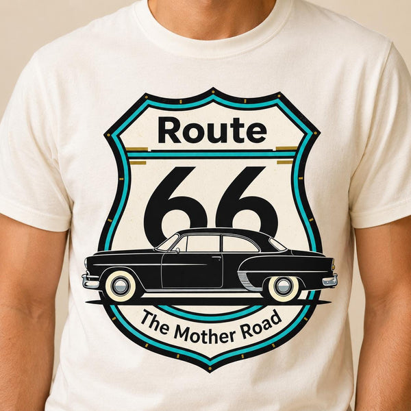 Route 66 T-Shirt PNG | Vintage Car Mother Road Chest Design (Digital Download)