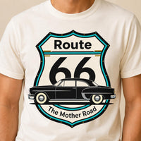 Route 66 T-Shirt PNG | Vintage Car Mother Road Chest Design (Digital Download)