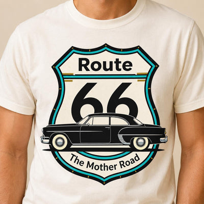 Route 66 T-Shirt PNG | Vintage Car Mother Road Chest Design (Digital Download)