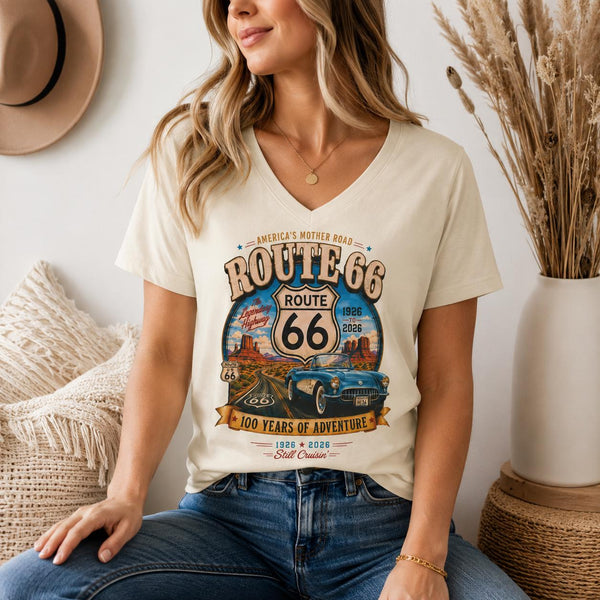Route 66 Retro Road Trip V-Neck Tee | Classic Car Scenic Design