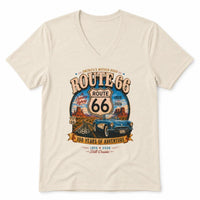 Route 66 Retro Road Trip V-Neck Tee | Classic Car Scenic Design