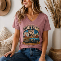 Route 66 Retro Road Trip V-Neck Tee | Classic Car Scenic Design