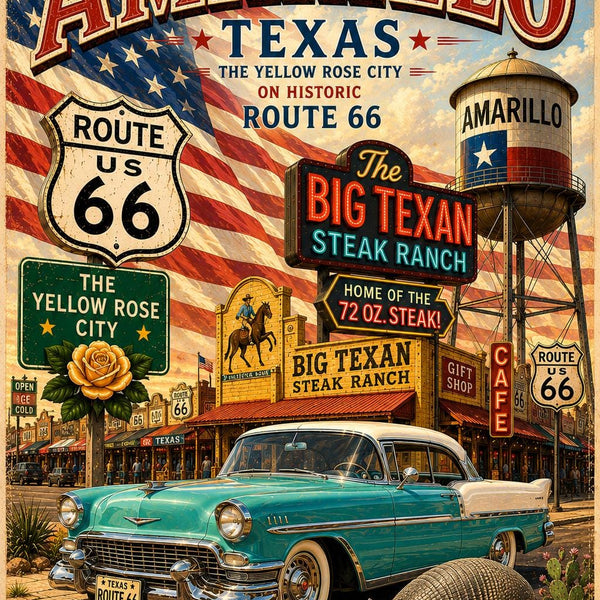 Amarillo Texas Route 66 Poster | Yellow Rose City Wall Art | Vintage Americana Travel Print | Historic Route 66 Digital Download