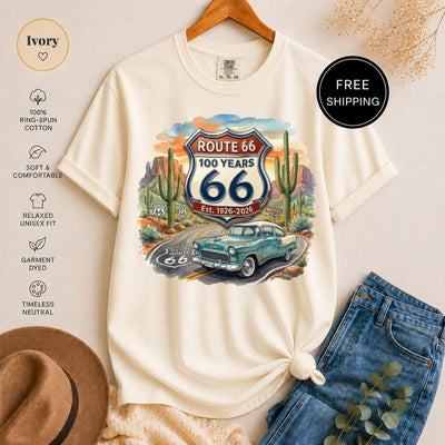 Route 66 T-Shirt - Historic 100 Years Classic Car Desert Tee - Vintage Road Trip Americana Nostalgia Shirt - Traveler Gift