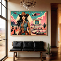 Cowgirl Wall Art, Pink Alien Print, Retro Sci Fi Western Decor, Vintage Desert Poster, Route 66 Illustration Art, 1950s style Print