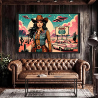 Cowgirl Wall Art, Pink Alien Print, Retro Sci Fi Western Decor, Vintage Desert Poster, Route 66 Illustration Art, 1950s style Print