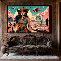 Cowgirl Wall Art, Pink Alien Print, Retro Sci Fi Western Decor, Vintage Desert Poster, Route 66 Illustration Art, 1950s style Print