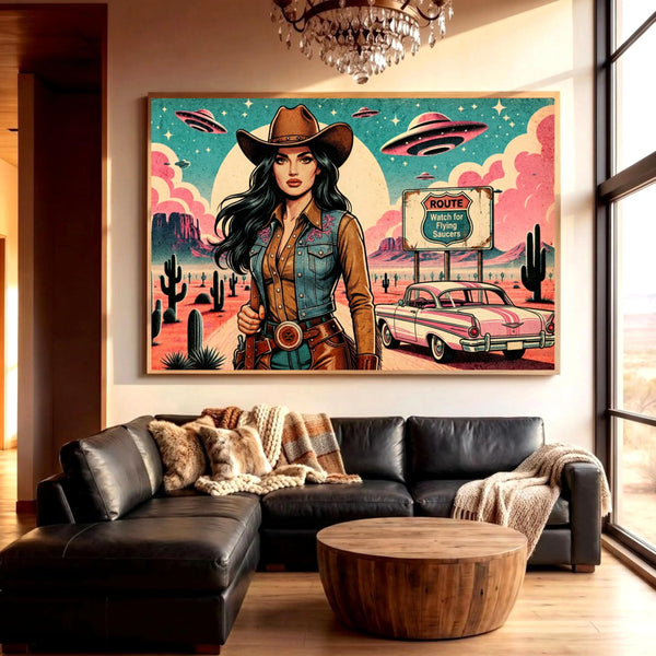 Cowgirl Wall Art, Pink Alien Print, Retro Sci Fi Western Decor, Vintage Desert Poster, Route 66 Illustration Art, 1950s style Print
