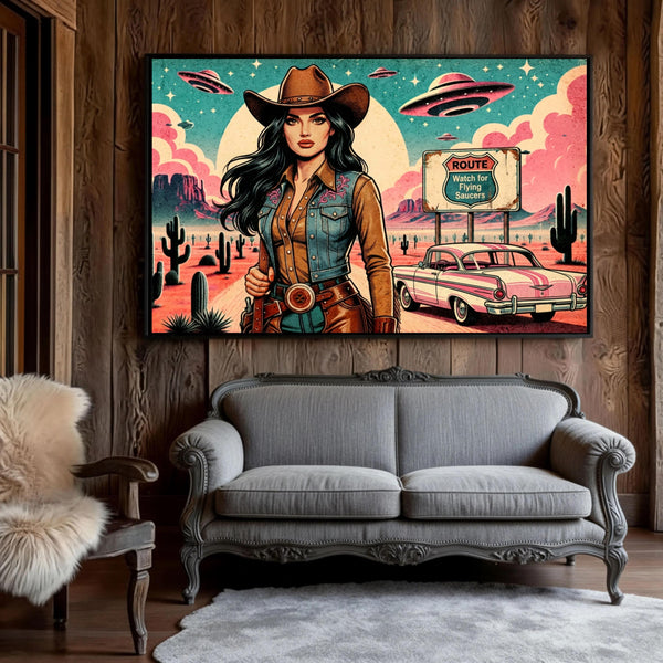 Cowgirl Wall Art, Pink Alien Print, Retro Sci Fi Western Decor, Vintage Desert Poster, Route 66 Illustration Art, 1950s style Print