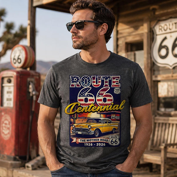 Route 66 Centennial T-Shirt | Retro American Flag, Vintage Car