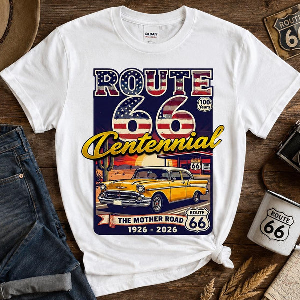 Route 66 Centennial T-Shirt | Retro American Flag, Vintage Car
