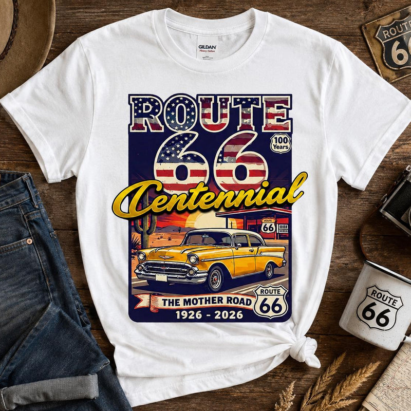 Route 66 Centennial T-Shirt | Retro American Flag, Vintage Car