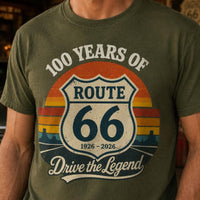 Route 66 100 Years Shirt, Drive the Legend Tee, Vintage Route 66 Shirt, Army Green Road Trip T-Shirt, Americana Graphic Tee, 1926–2026 Shirt