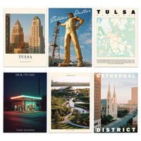 Tulsa Landmark Posters Set of 6 | Oklahoma Art Deco, Route 66, Golden Driller | Retro City Prints
