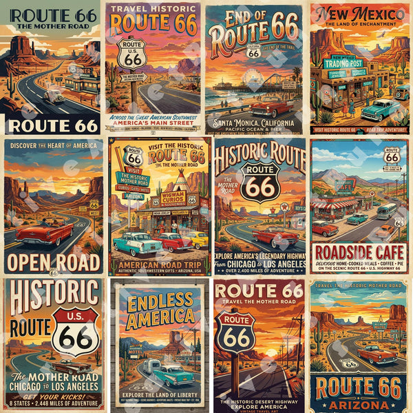 Route 66 Road Trip Travel Posters, 150 Vintage Americana Historic Highway Art Bundle