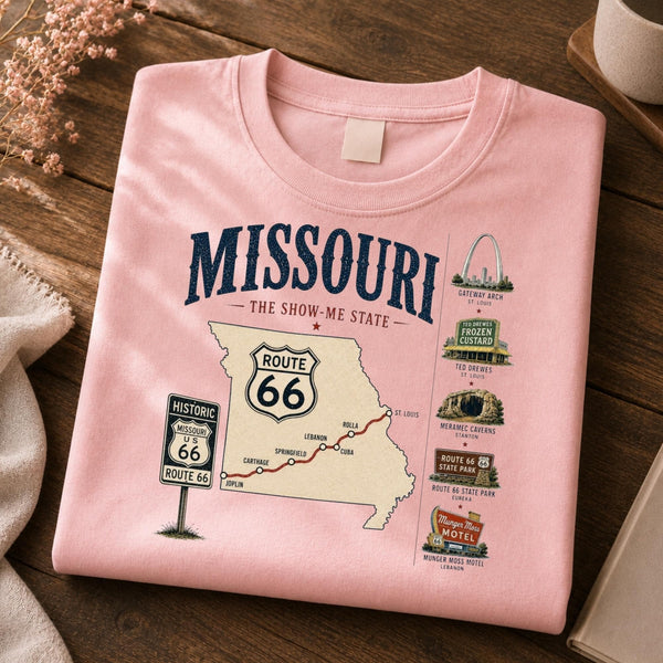 Vintage Missouri Route 66 Graphic Tee, Show-Me State Retro Road Trip Shirt (Digital Download)