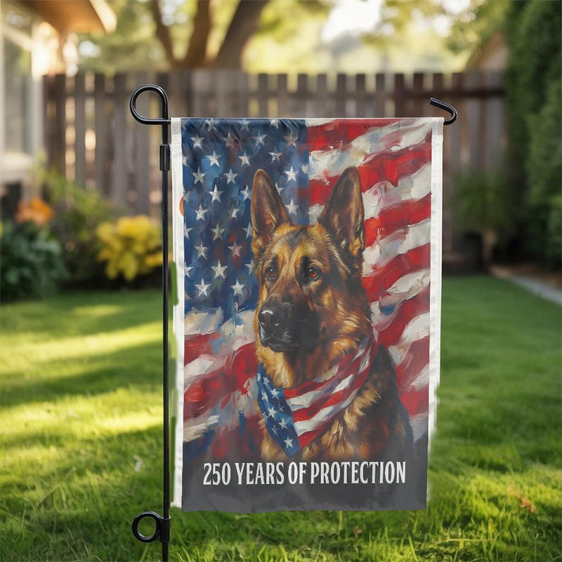 Patriotic German Shepherd Garden Flag | American Flag 250 Years of Protection | Double Sided Polyester | Premium Gift for Veterans & K9 Handlers