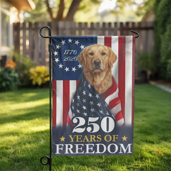 Patriotic Golden Retriever Garden Flag | 250 Years of Freedom Design | Durable Weather-Resistant Polyester | USA Garden Decor for Dog Lovers