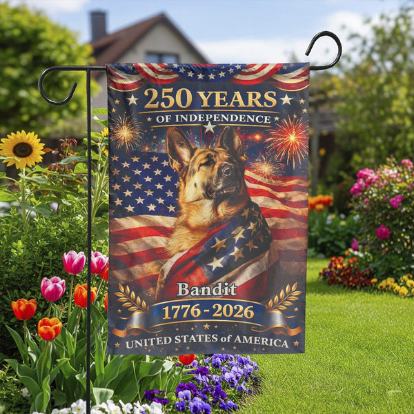 German Shepherd Garden Flag | Patriotic 250 Years Independence Design | Weather-Resistant Polyester | Custom USA 1776-2026 Memorial Gift