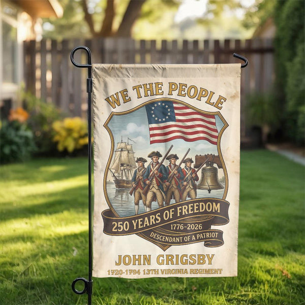 Personalized Patriotic Garden Flag | American Revolution 250 Years Design | Double-Sided Weather-Resistant Fabric | Gift for History Buff