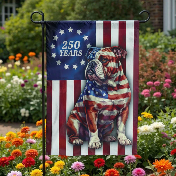 Patriotic Bulldog Garden Flag | 250 Years American Flag Design | Weather-Resistant Polyester | Outdoor Yard Decor Gift for Bulldog Lovers