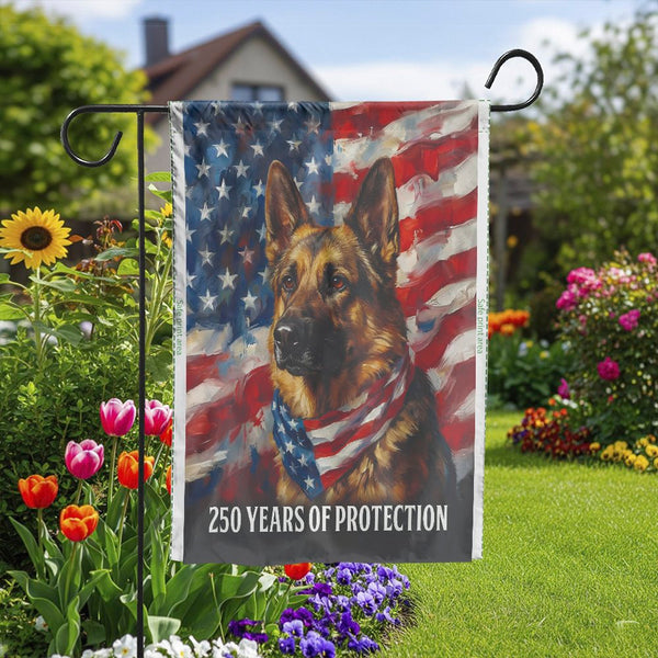 Patriotic German Shepherd Garden Flag | American Flag 250 Years of Protection | Double Sided Polyester | Premium Gift for Veterans & K9 Handlers