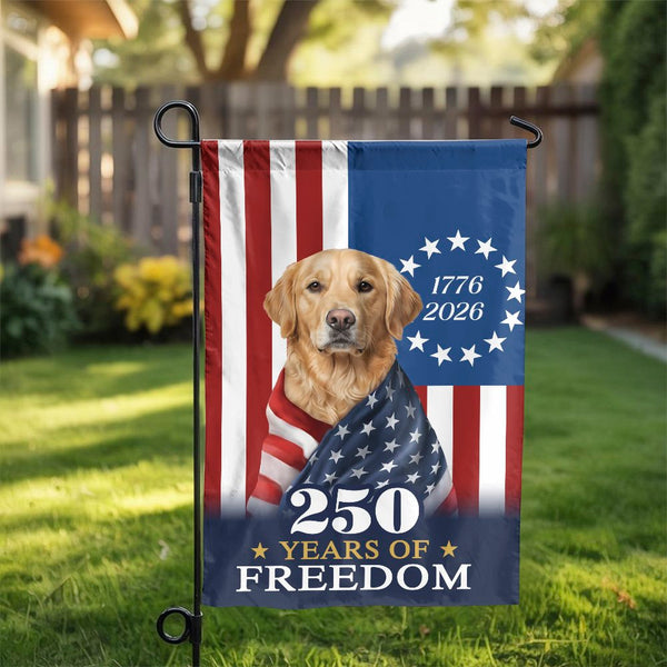Patriotic Golden Retriever Garden Flag | 250 Years of Freedom Design | Weather-Resistant Double Sided | Commemorative Yard Decor for Dog Lovers