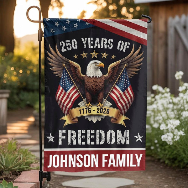 Patriotic Eagle Garden Flag | Personalized 250 Years of Freedom | Weather-Resistant Yard Decor | Custom Family Name Gift