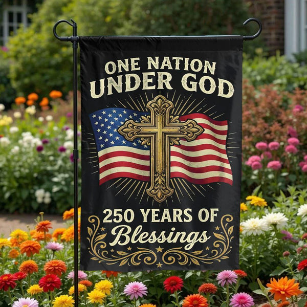 One Nation Under God Garden Flag | American Flag with Christian Cross | Double Sided Weather Resistant Fabric | 250 Years Patriotic Yard Decor Gift