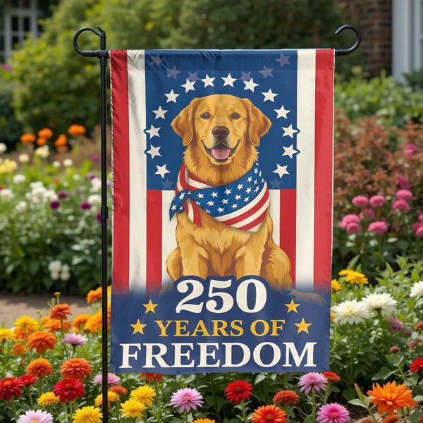 Patriotic Golden Retriever Garden Flag | 250 Years of Freedom Design | Double Sided Weather Resistant Fabric | Collector's Yard Decor Gift for Dog Lovers