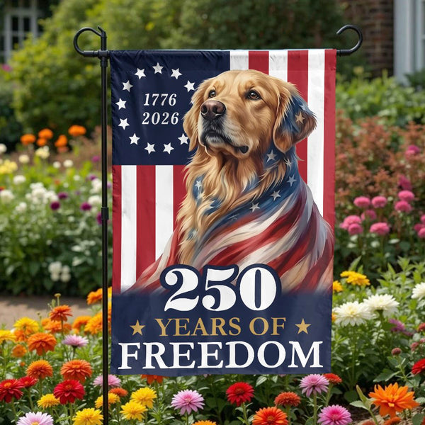 Patriotic Golden Retriever Garden Flag | 250 Years of Freedom 1776-2026 Design | Double-Sided Polyester | Commemorative Yard Decor for Dog Lovers