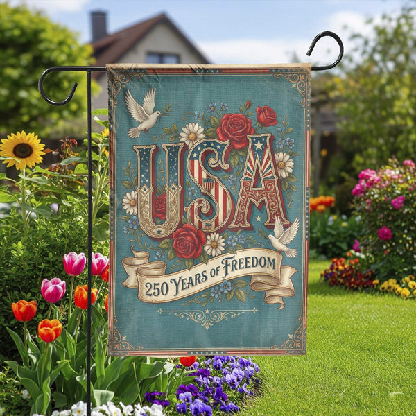 USA 250 Years of Freedom Garden Flag | Vintage Floral Patriotic Art | Double Sided Weather Resistant Banner | Commemorative 2026 Yard Decor Gift