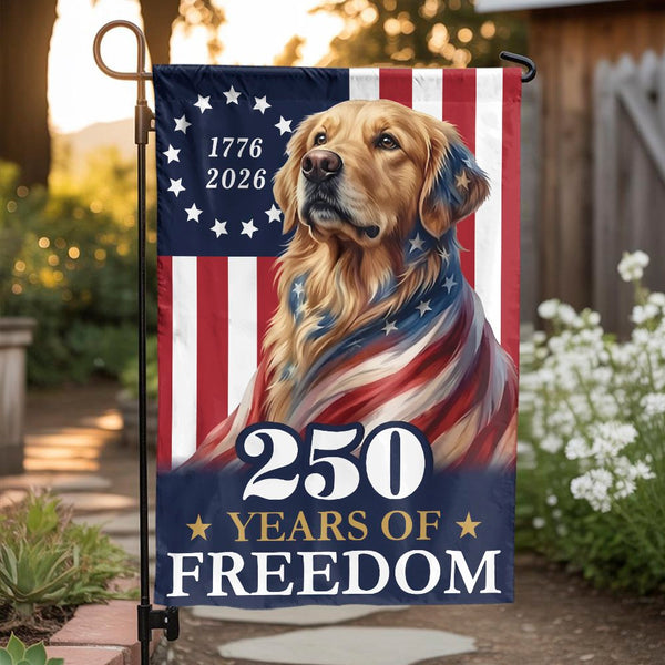 Patriotic Golden Retriever Garden Flag | 250 Years of Freedom 1776-2026 Design | Double-Sided Polyester | Commemorative Yard Decor for Dog Lovers