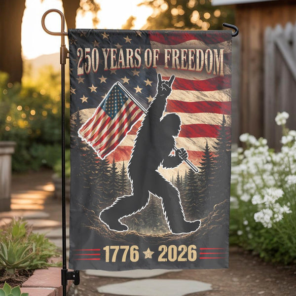 Patriotic Bigfoot Garden Flag | 250 Years of Freedom 1776-2026 | Durable Double-Sided Outdoor Banner | USA Anniversary Yard Decor Gift