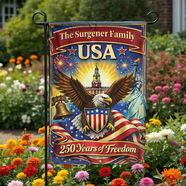 Personalized Patriotic Garden Flag | 250 Years of Freedom American Eagle | Double Sided Weather Resistant Fabric | Custom Family Name Yard Decor Gift