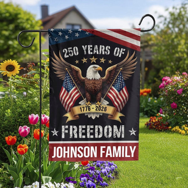 Patriotic Eagle Garden Flag | Personalized 250 Years of Freedom | Weather-Resistant Yard Decor | Custom Family Name Gift