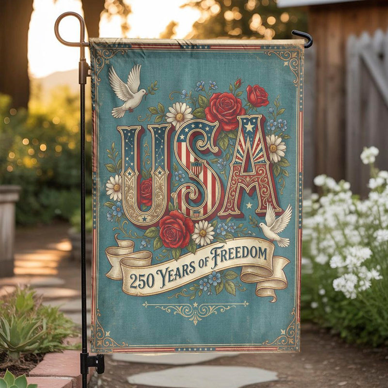 USA 250 Years of Freedom Garden Flag | Vintage Floral Patriotic Art | Double Sided Weather Resistant Banner | Commemorative 2026 Yard Decor Gift