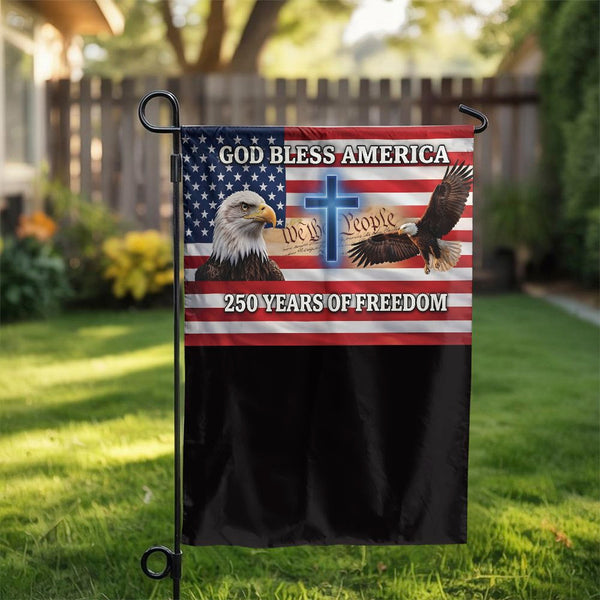 Patriotic American Garden Flag | God Bless America with Eagle & Cross | Double-Sided Premium Polyester | 250 Years of Freedom Collector's Yard Decor