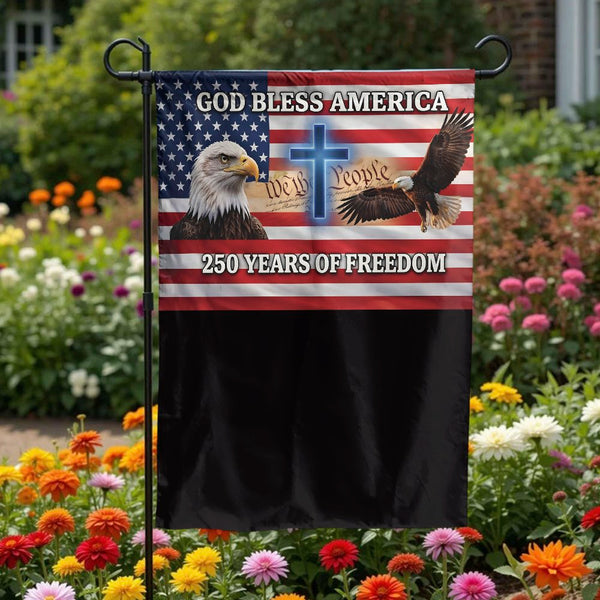 Patriotic American Garden Flag | God Bless America with Eagle & Cross | Double-Sided Premium Polyester | 250 Years of Freedom Collector's Yard Decor