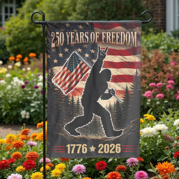 Patriotic Bigfoot Garden Flag | 250 Years of Freedom 1776-2026 | Durable Double-Sided Outdoor Banner | USA Anniversary Yard Decor Gift